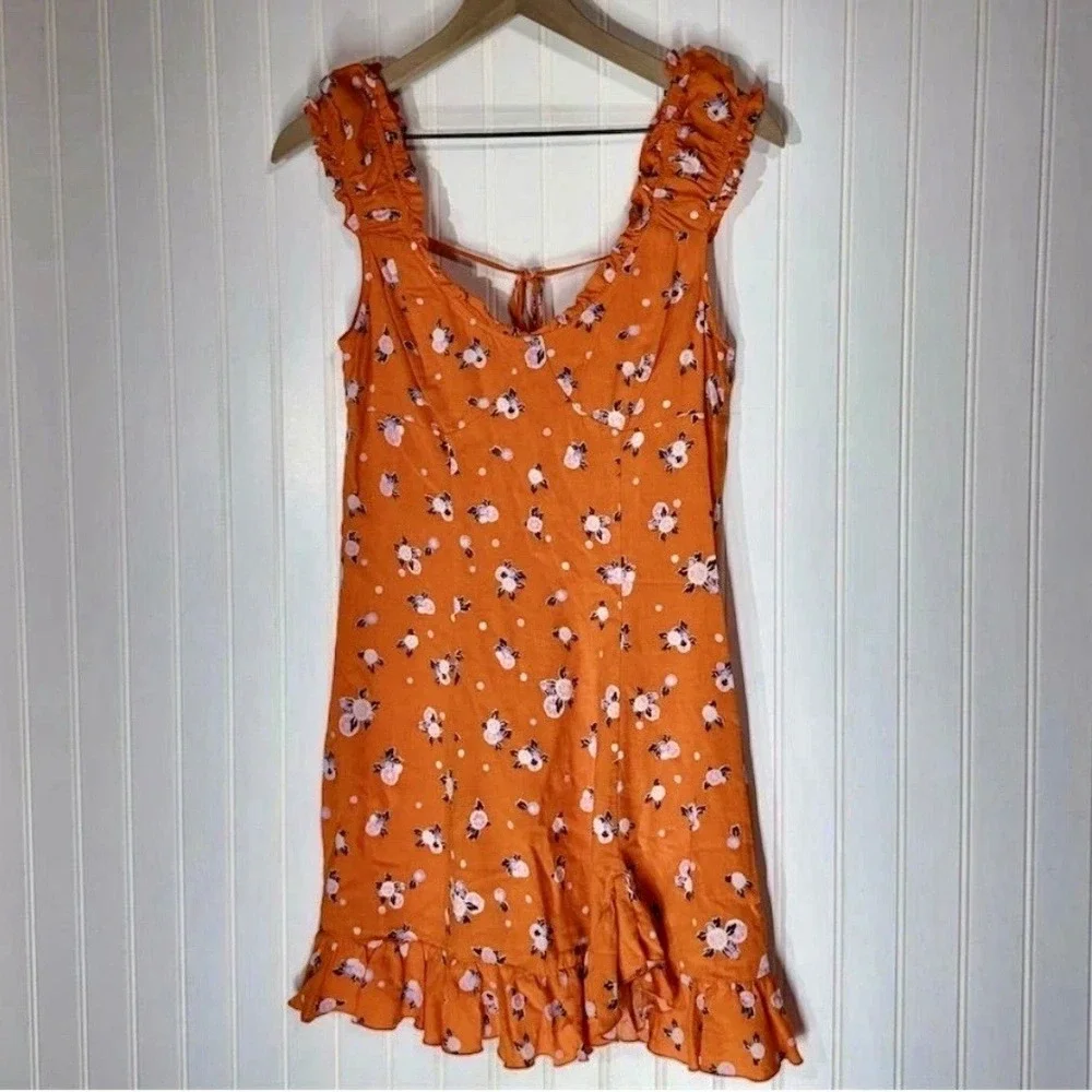 Free People Like A Lady Mini Dress Small Orange Floral Ruffle Tie Back Boho - Picture 1 of 7